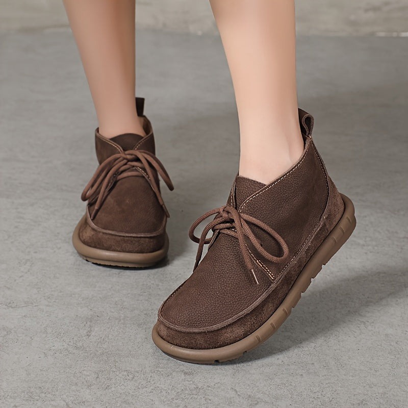 Women Cow Leather Ankle Boots Solid Color Lace-Up Flat Heel All-Season