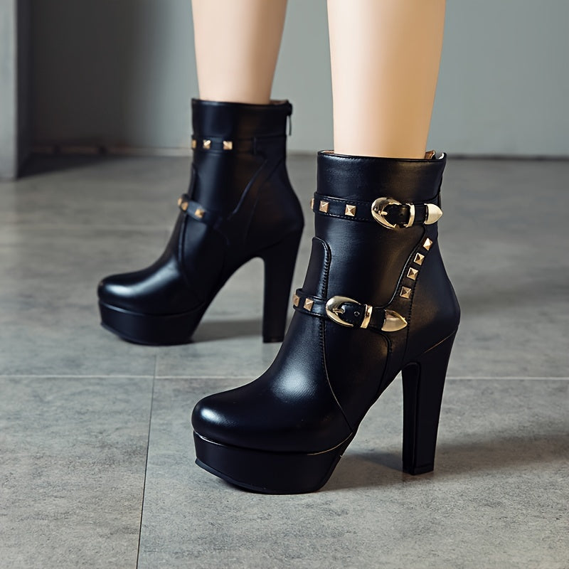 Women's Black Faux Cover Ankle Boots with Rhinestones and Buckles