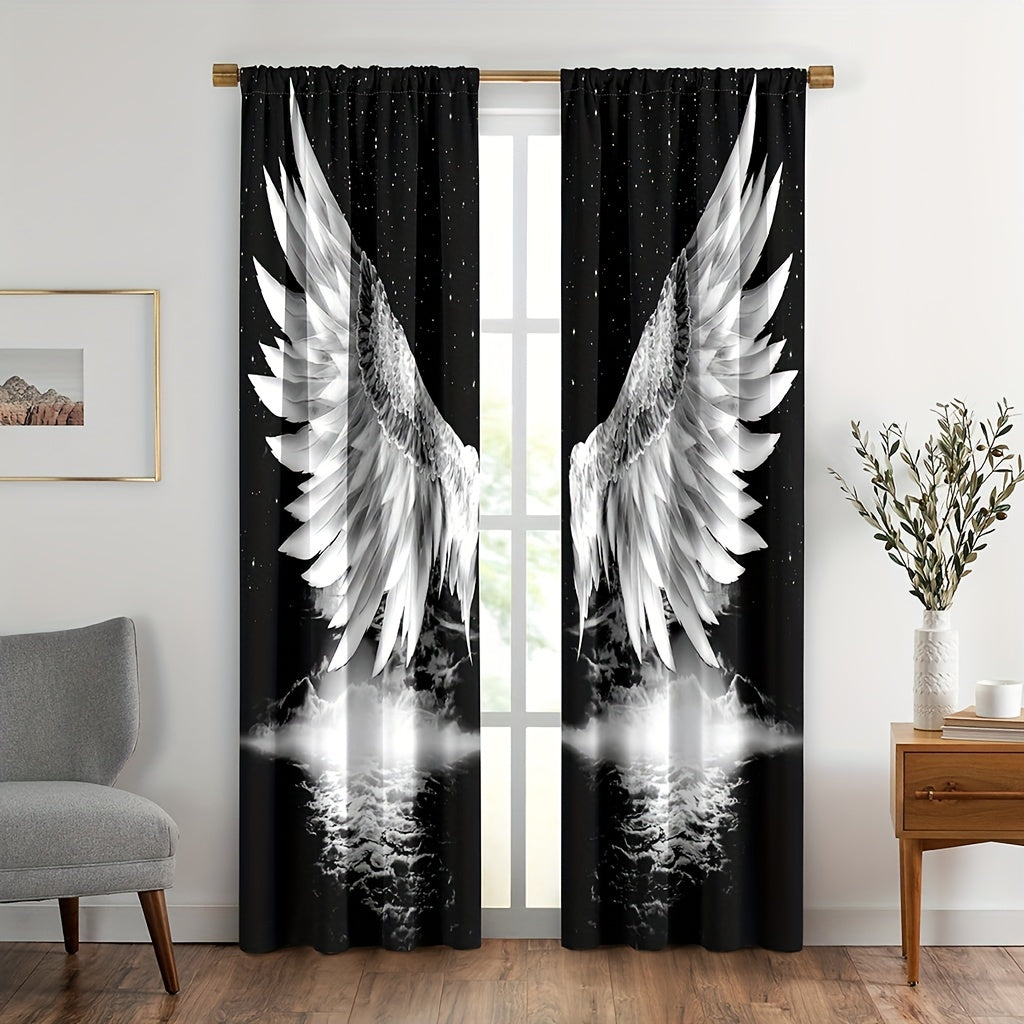 Black Art Window Curtains Angel Wings Stars Celestial Decor for Bedroom Living Room Office