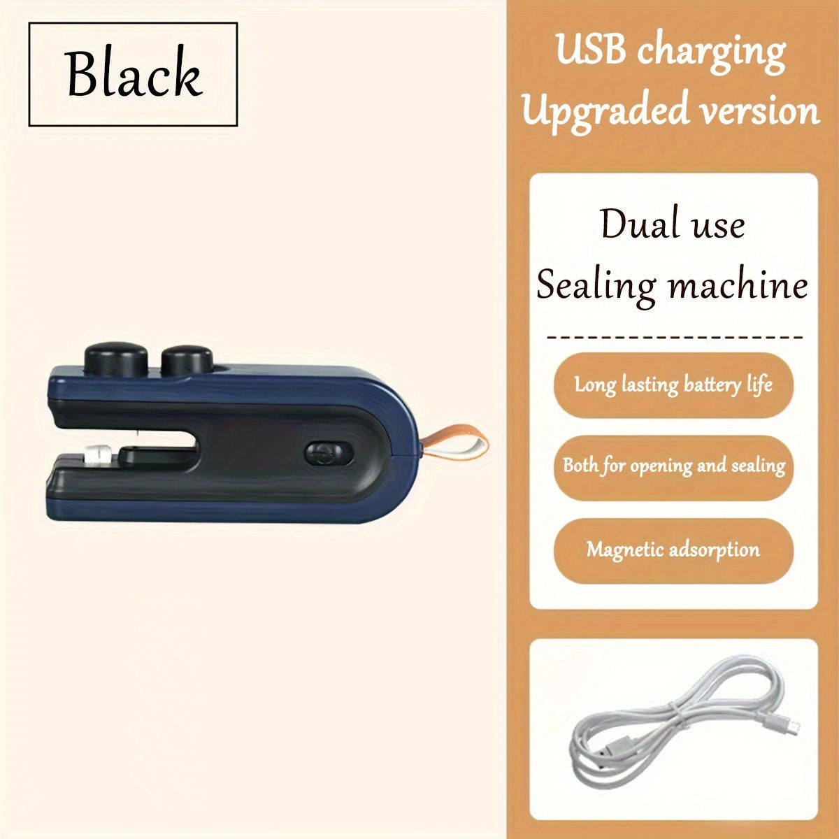 Qo‘l bosimli plastik paket yopgich bilan mini snack yopish mashinasi, qayta to‘ldiriladigan litiy batareya, USB zaryadlash, 36V maksimal kuchlanish, 300mAh quvvat, oshxona uchun ideal qurilma.