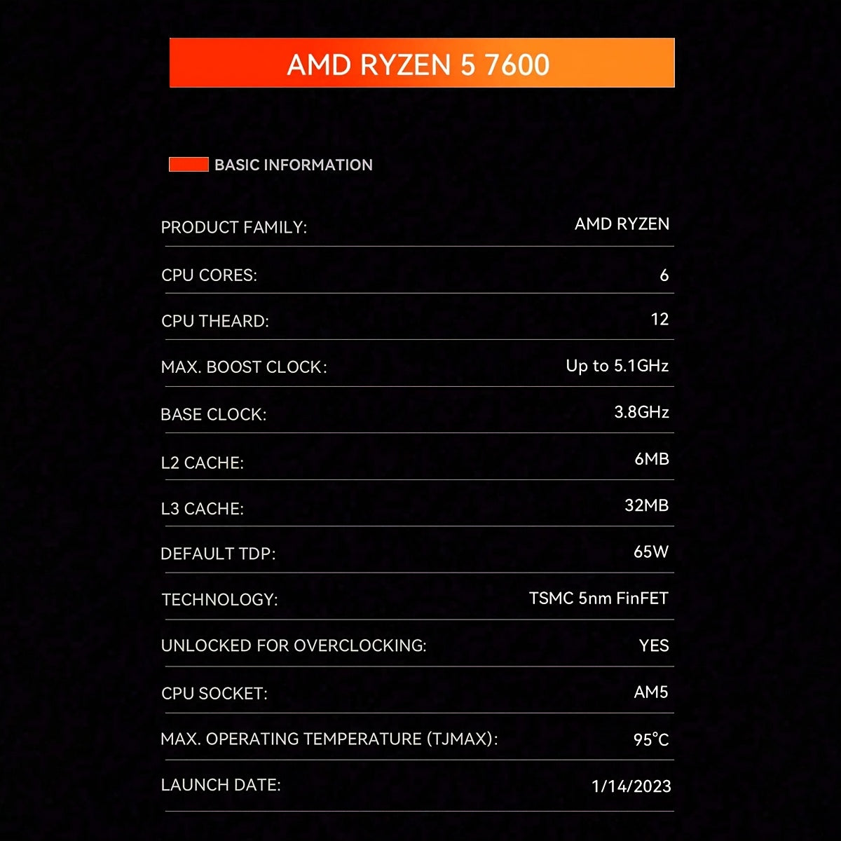 AMD Ryzen 5 7600 Desktop CPU Processor 6-Core 12-Thread Socket AM5 No Fan