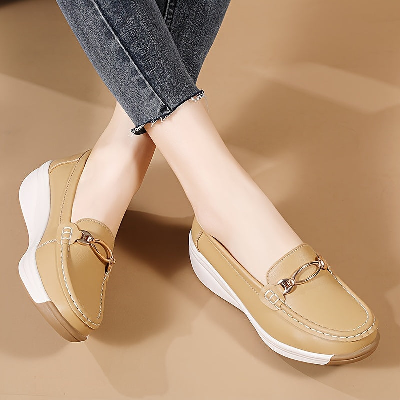 Women's Beige Slip-On Loafers with Non-Slip Sole and Decorative Buckle