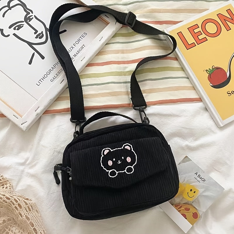 Corduroy Messenger Bag with Embroidered Cartoon Bear Removable Strap Crossbody Zipper Closure
