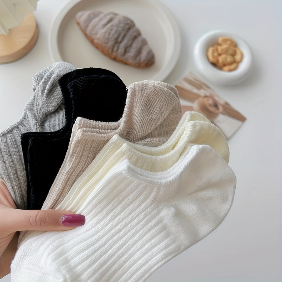 Women’s Invisible Non-Slip Socks 5 Pairs Low Cut Solid Polyester Spandex
