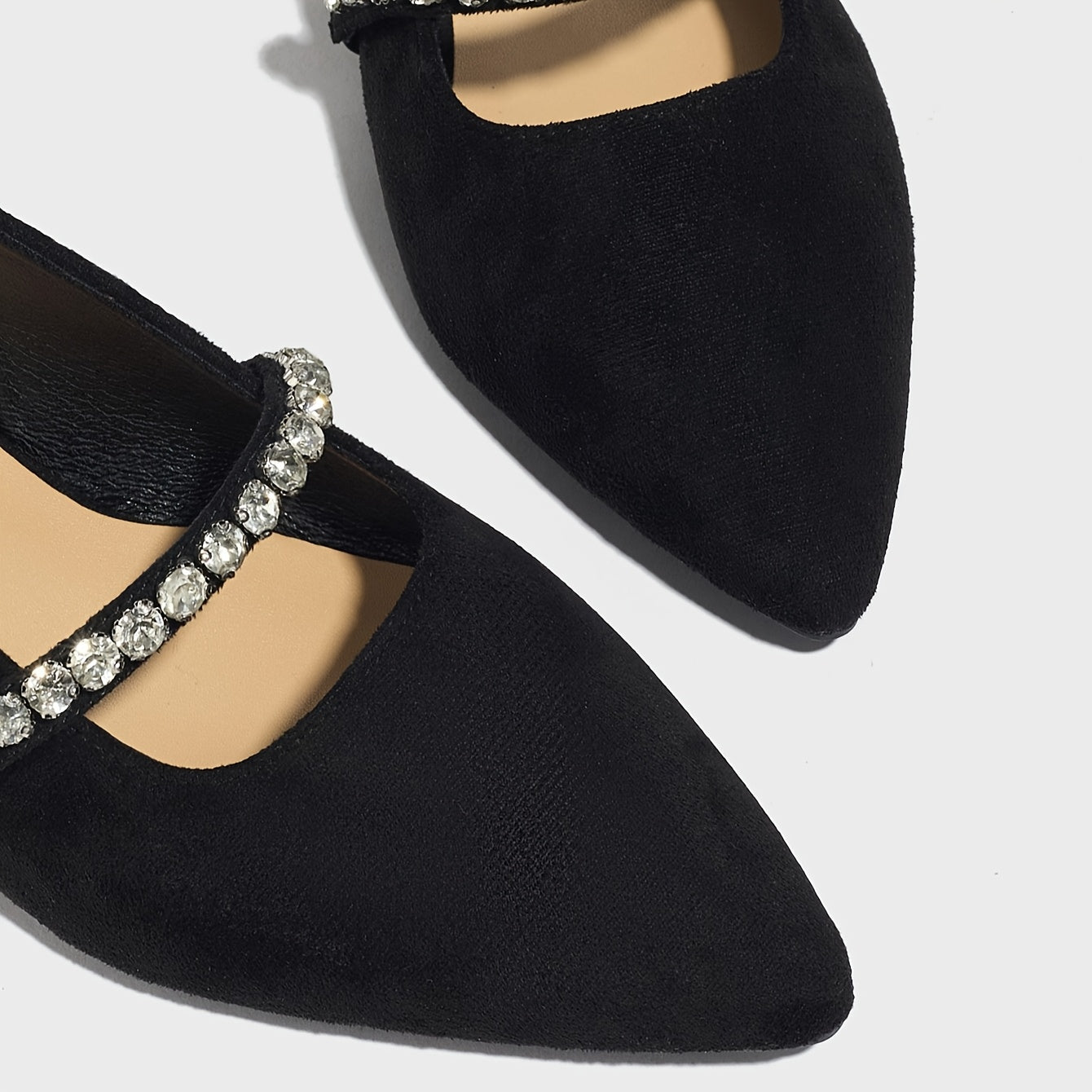 Women's Black Mary Jane Flats with Rhinestone Buckle Pointed Toe