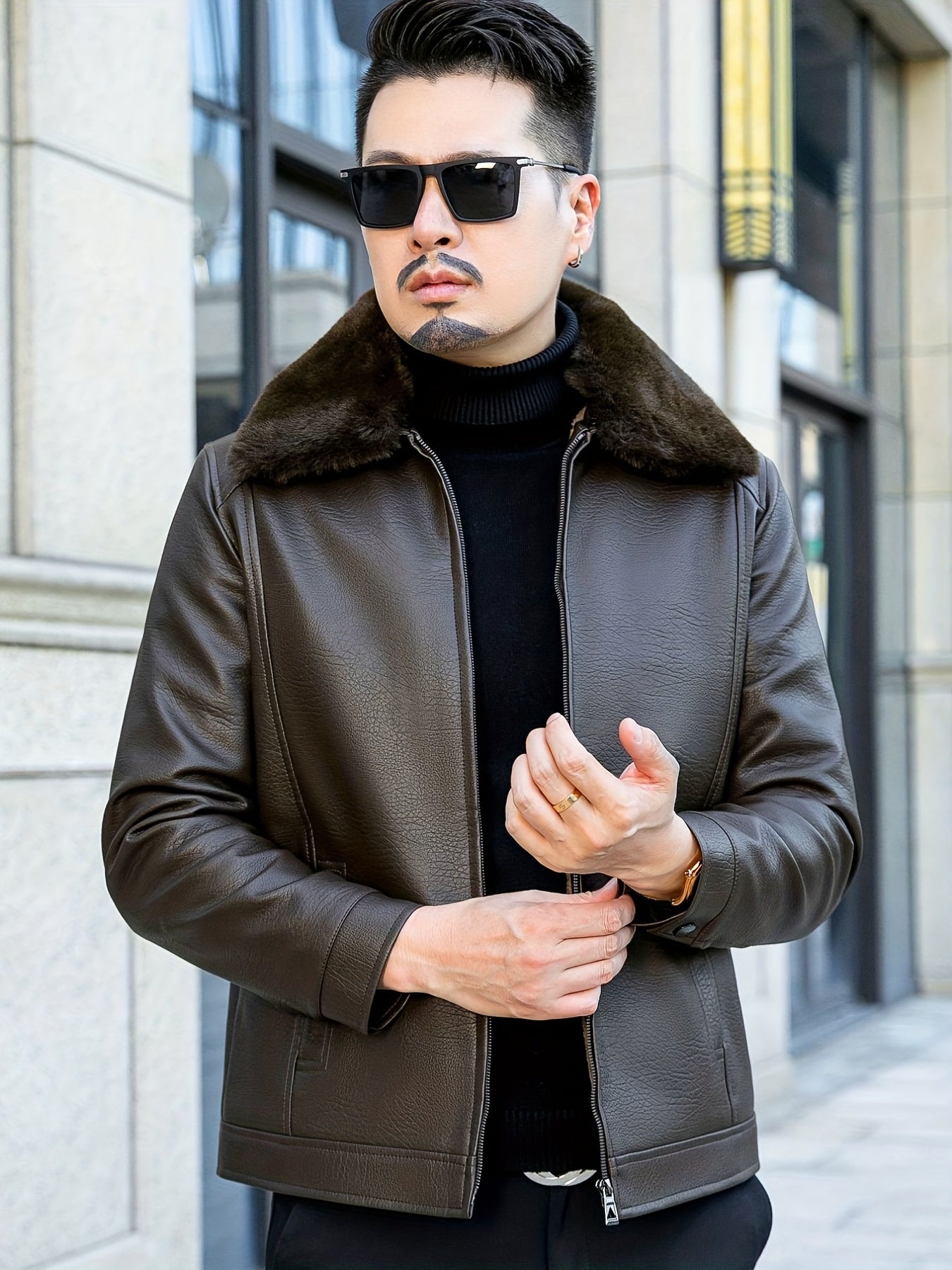 Men's Casual Fleece Jacket with Fur Collar Zip-Up Polyester Lined