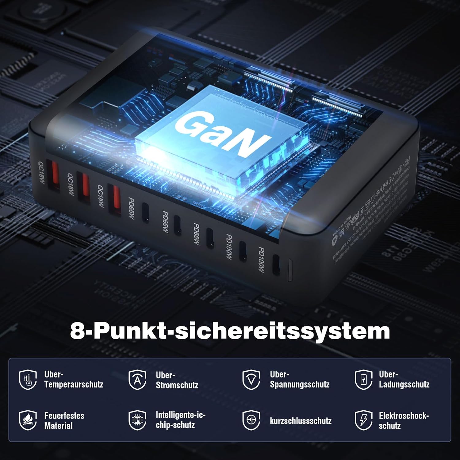 440W GaN Multi-Port Fast Charger Station with 8 USB-C and USB-A Ports European Plug