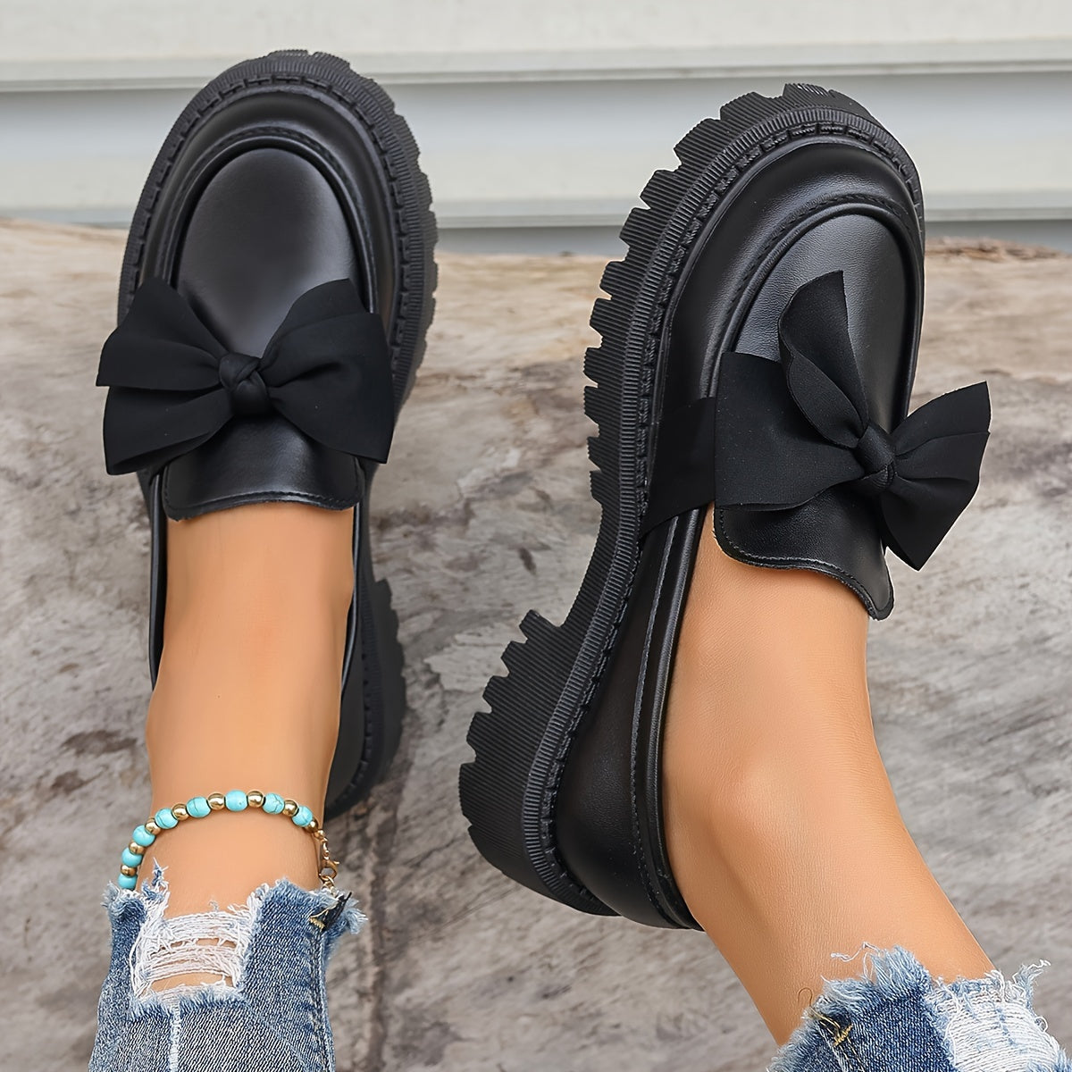 Women’s Synthetic Leather Slip-On Penny Loafers with Bow Flats