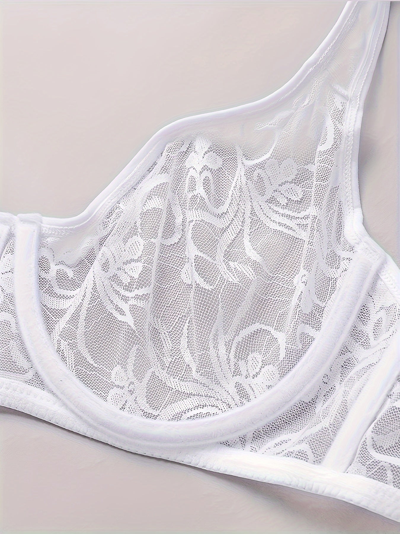 Sujetador de encaje floral de talla grande con soporte con aros, escote en V, transpirable, blanco