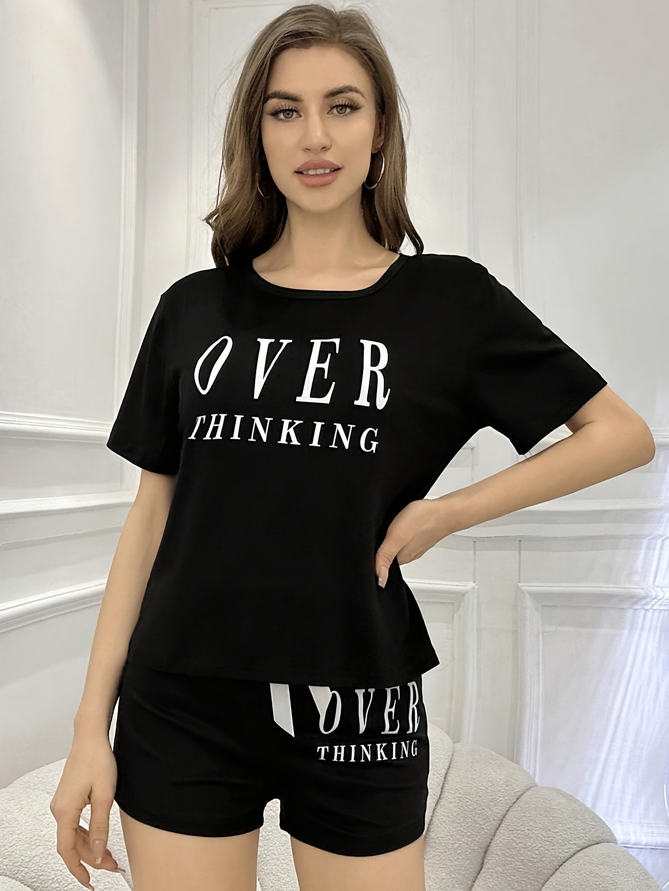 Women's Short Sleeve Pajama Set with Alphabet Print and Bow Detail