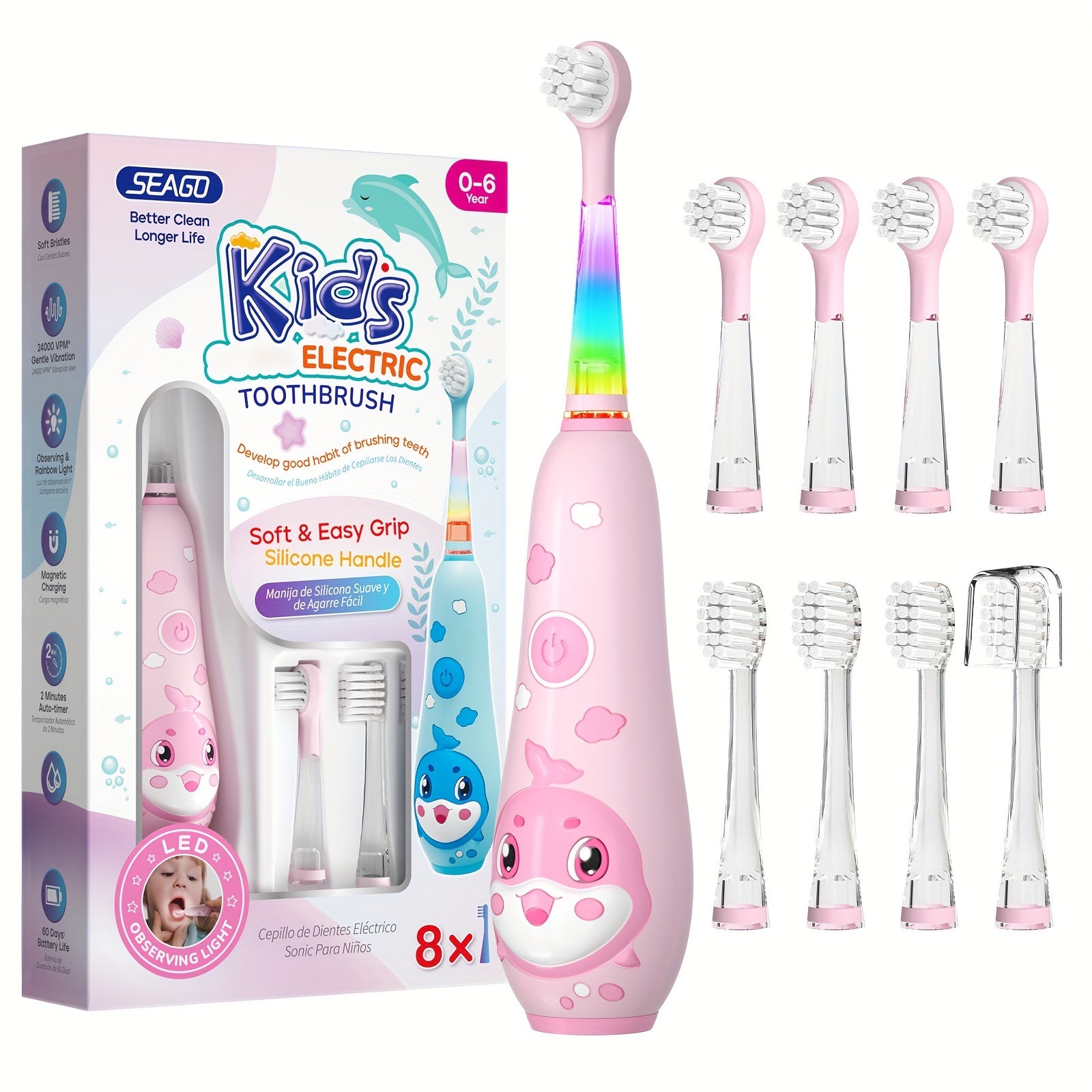 Kids Electric Toothbrush for Ages 0-6 with Whale Design, 8 Replacement Heads, 2-Minute Timer