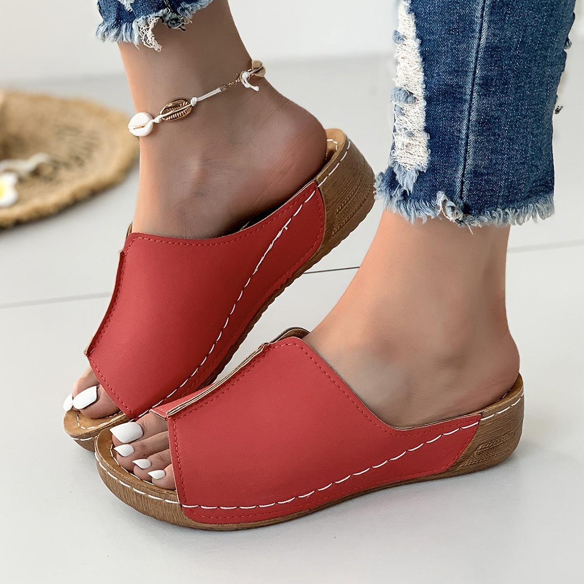 Women's Faux Cover Slip-On Sandals Mid-Heel Round Toe Casual All-Season
