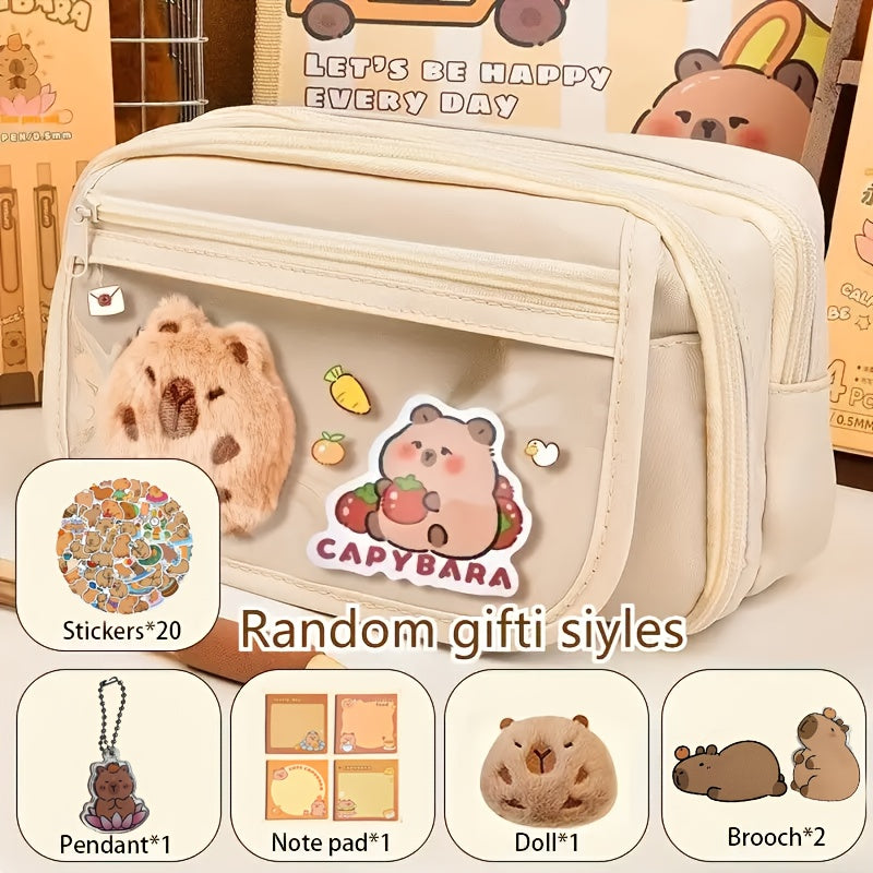6-Piece Capybara Pencil Case Set with Zipper Canvas Bag Storage Box Notepad and Accessories
