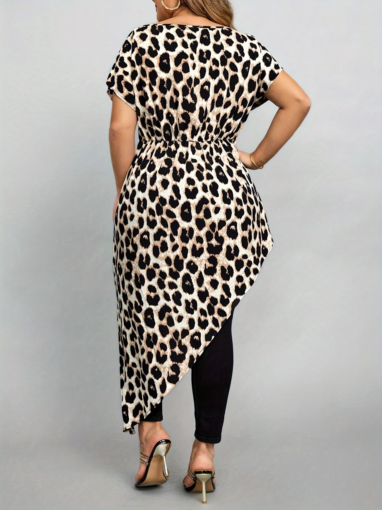 Plus Size Leopard Print Crew Neck Blouse Short Sleeve Asymmetrical Spring Summer Women