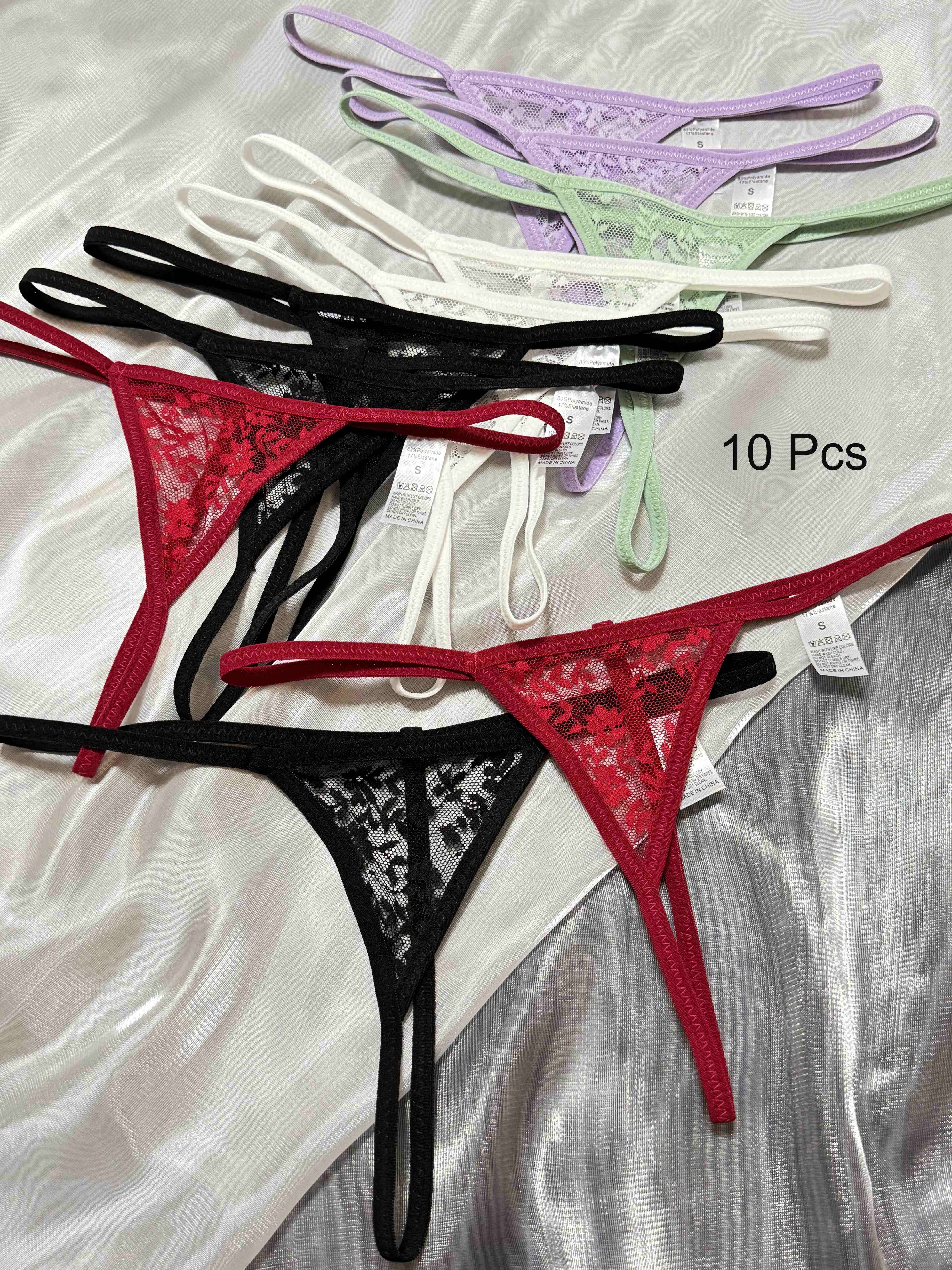 10-Pack Women's Lace Thong Panties Low-Rise Polyamide Transparent Triangle Solid Color
