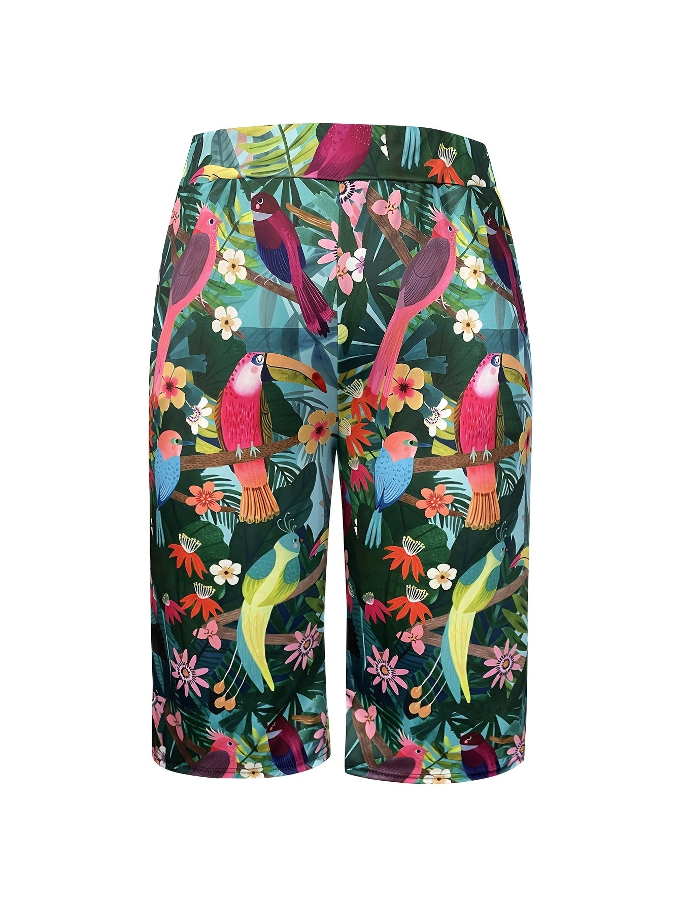 Women's Floral Print Plus Size Mid-Calf Pants Tropical Hibiscus Toucans