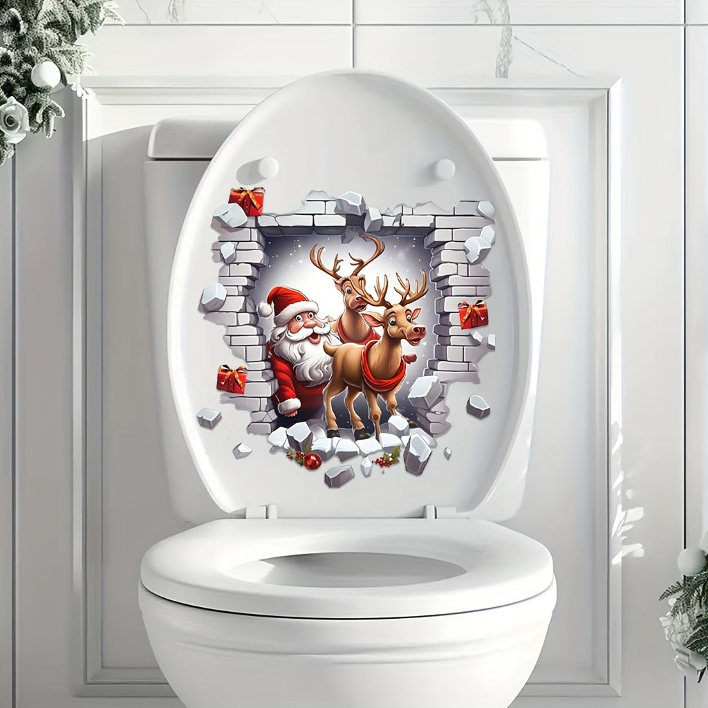 Christmas Santa and Reindeer Toilet Lid Sticker Waterproof Removable Holiday Decor