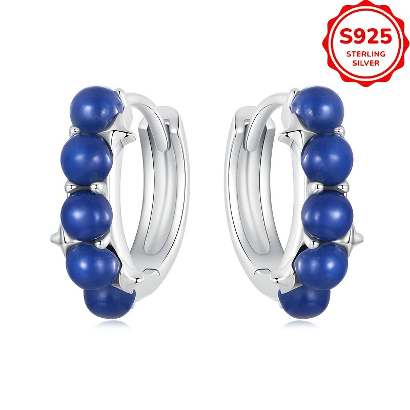 Women's Hoop Earrings with Synthetic Lapis Lazuli Beads Sterling Silver Jewelry