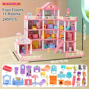 Pink 4-Story Dollhouse Playset with Accessories and 2 Figures for Girls