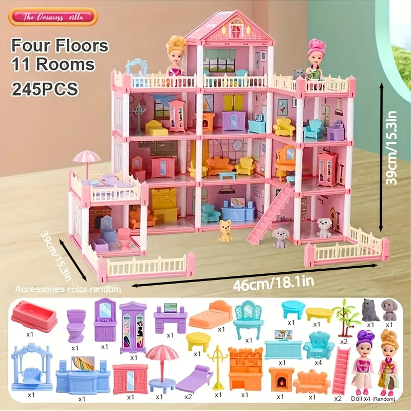 Pink 4-Story Dollhouse Playset with Accessories and 2 Figures for Girls
