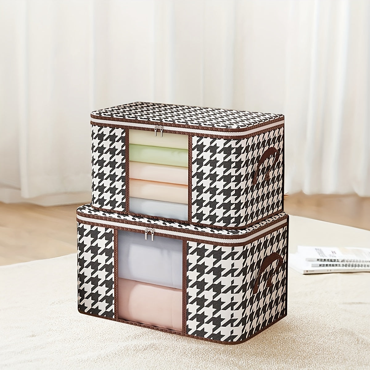 Houndstooth Pattern Clothes Storage Bag with Transparent Window Non-Woven Foldable Dustproof Organizer