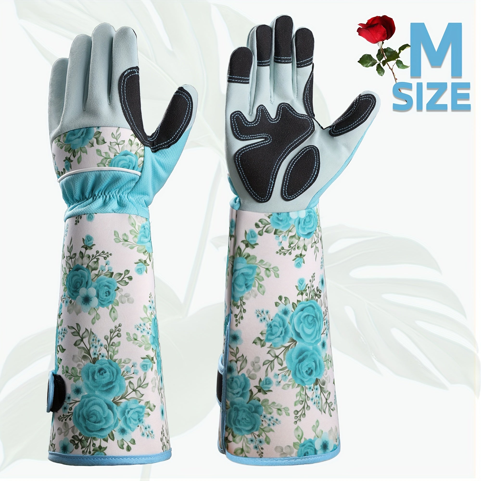 Guantes largos de jardinería para mujer, poliéster, a prueba de espinas, transpirables, con estampado floral azul