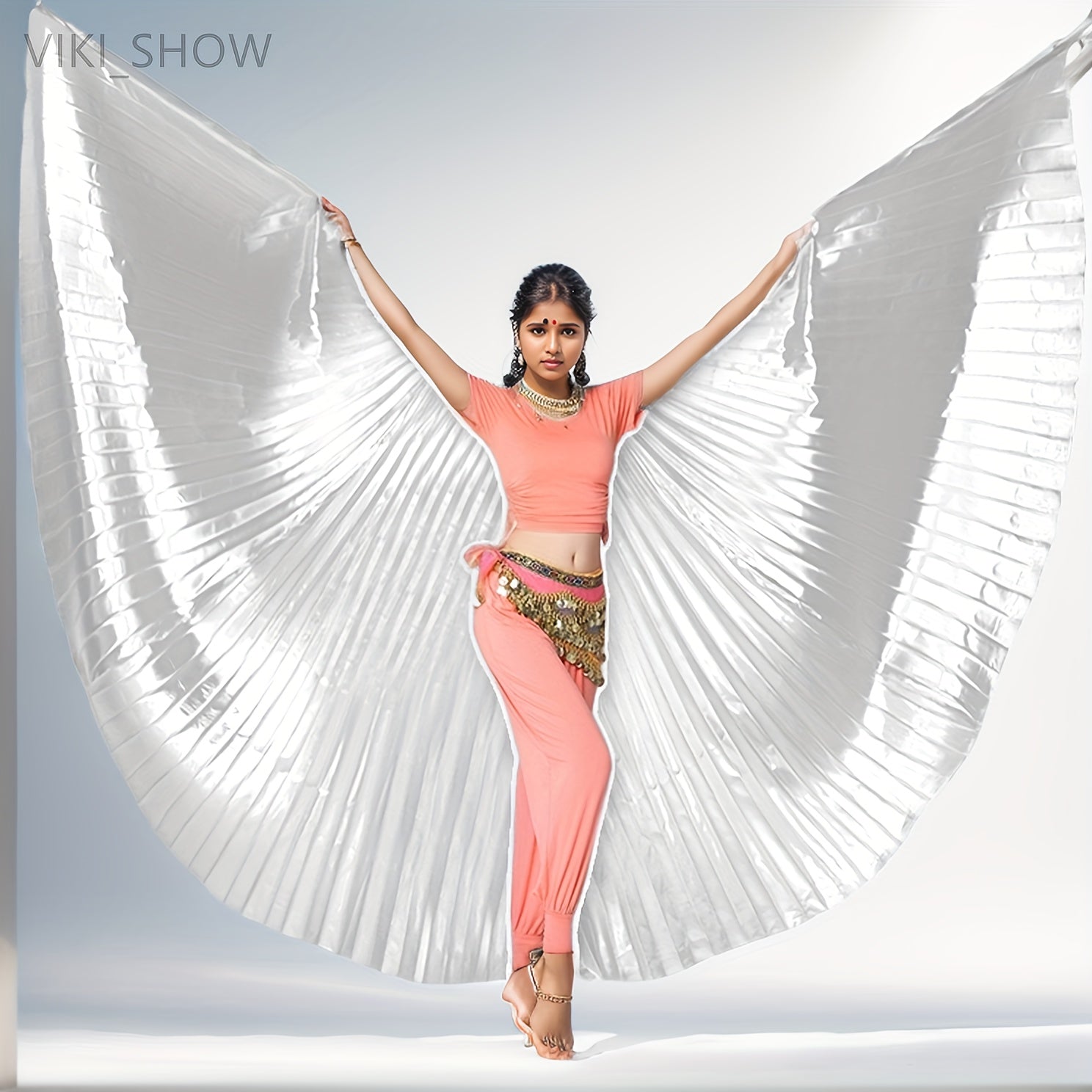 Golden Butterfly Wings Belly Dance Costume with 360° Cape Telescopic Sticks Fits 61-69 Inches