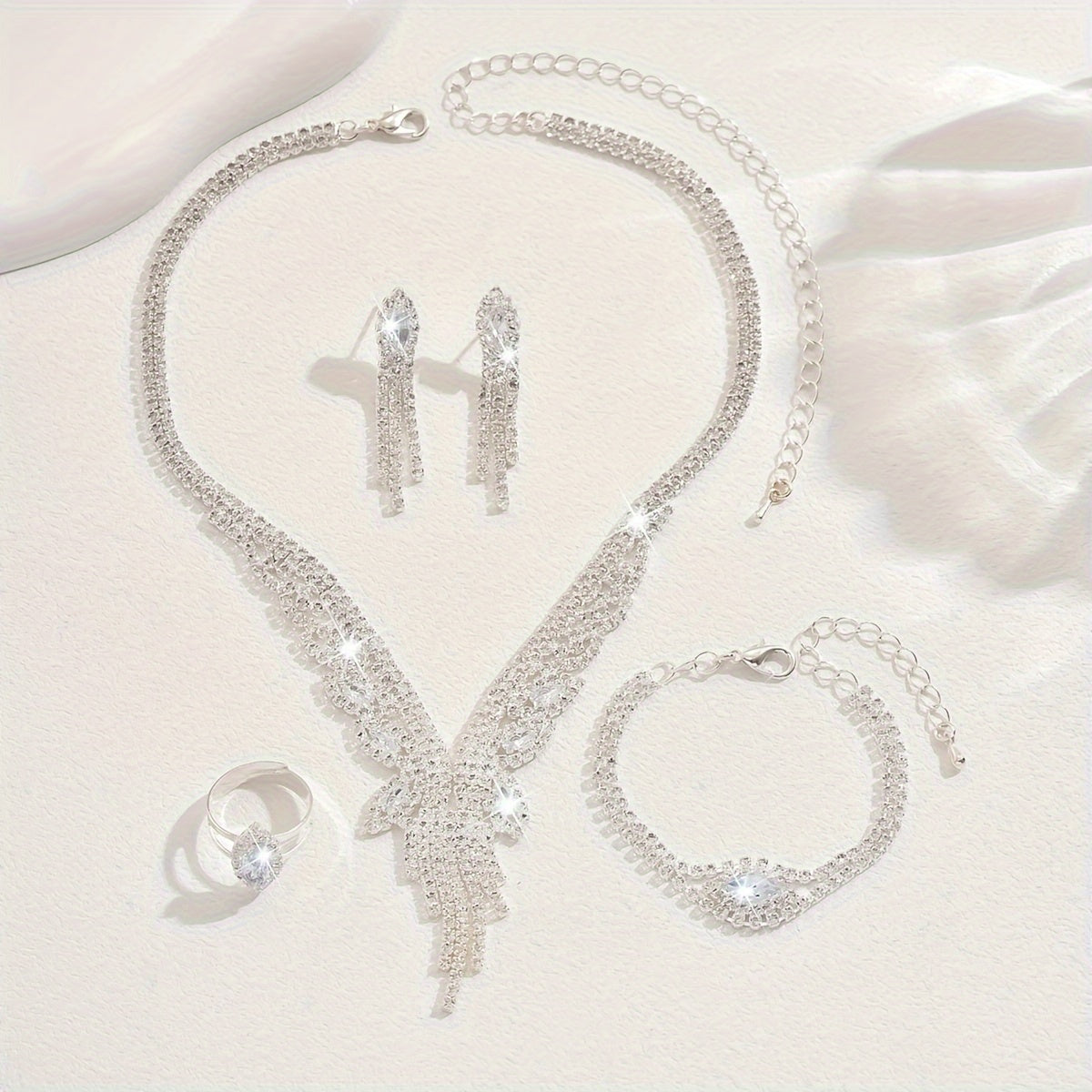 Silver Plated Copper Bridal Jewelry Set with Synthetic Zirconia Necklace Bracelet Earrings