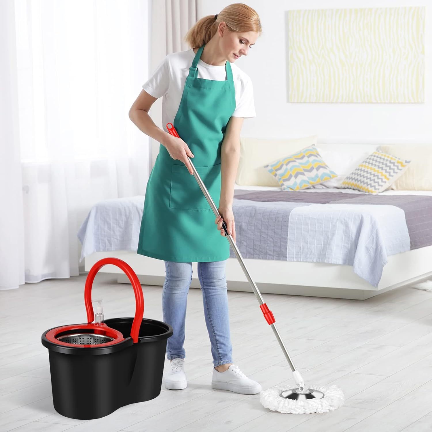360° Rotating Mop and Bucket Set with Microfiber Heads and Adjustable Handle