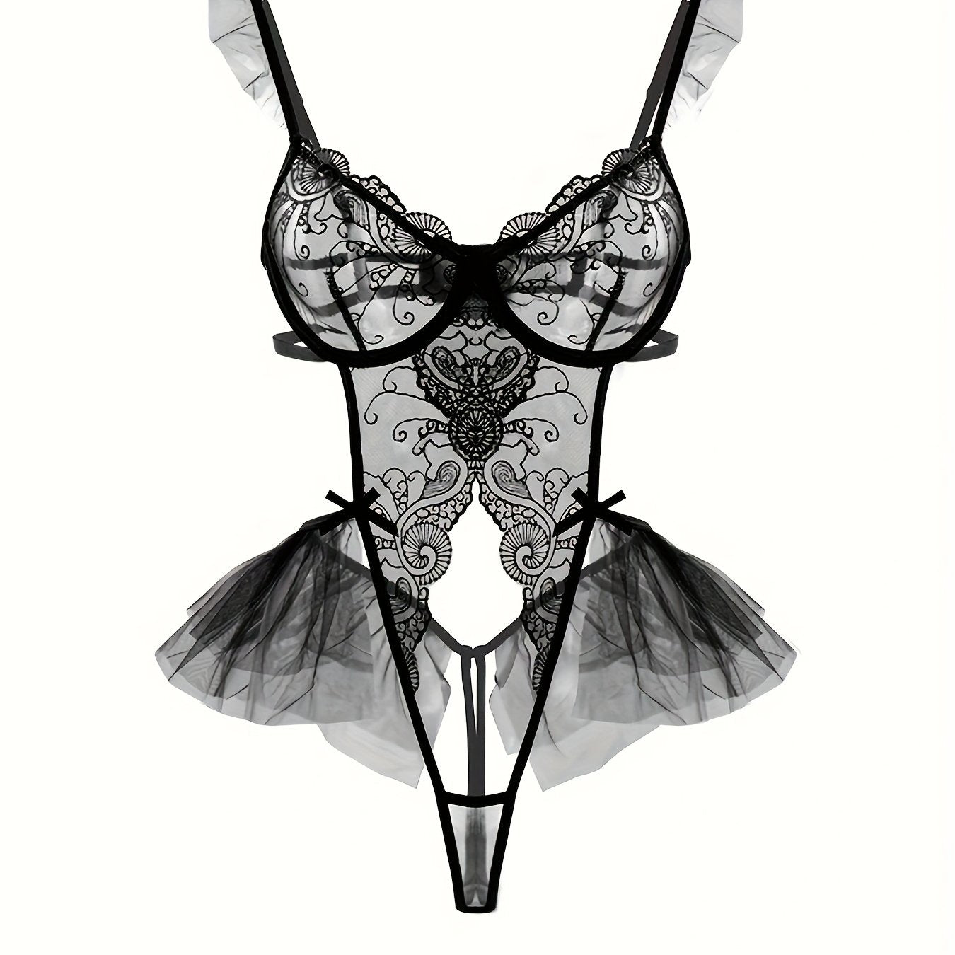 Women's Lingerie Body Suit with Embroidery Bow Hollow Design and Steel Ring Set