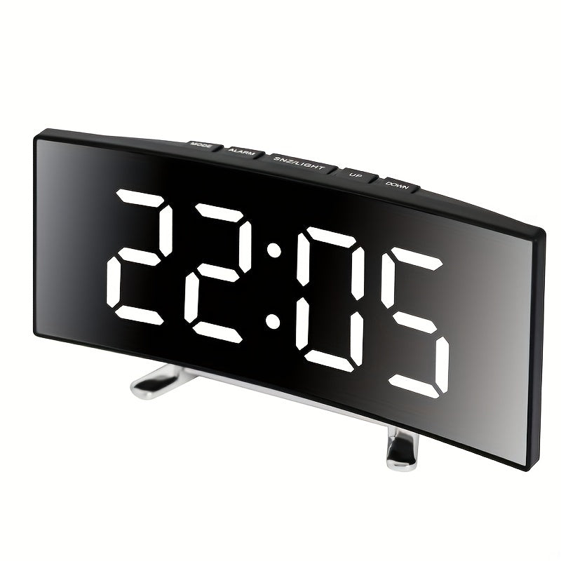 LED Alarm Clock with Curved Mirror Screen and Sleep Temperature for Bedroom Office and School