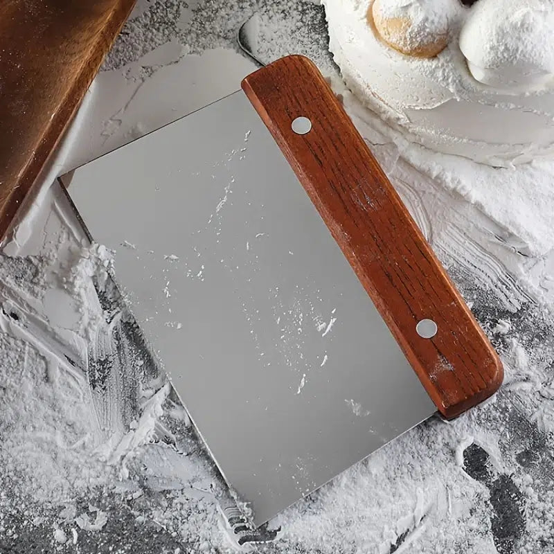 Stainless Steel Square Dough Cutter with Wooden Handle for Baking and Cooking