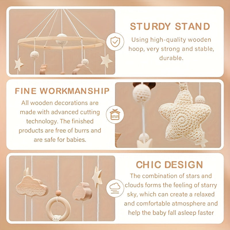 Yulduzlar bilan qo'l bilan to'qilgan yog'och to'siq qo'ng'irog'i, bolalar to'sig'i yoki aravachalar uchun mukammal.