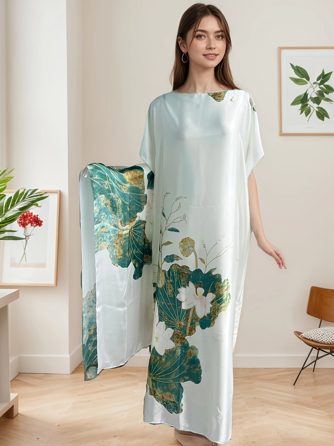 Ayollar uchun katta o'lchamli gul bosma maxi kaftan kiyi va sharf bilan, erkin fit