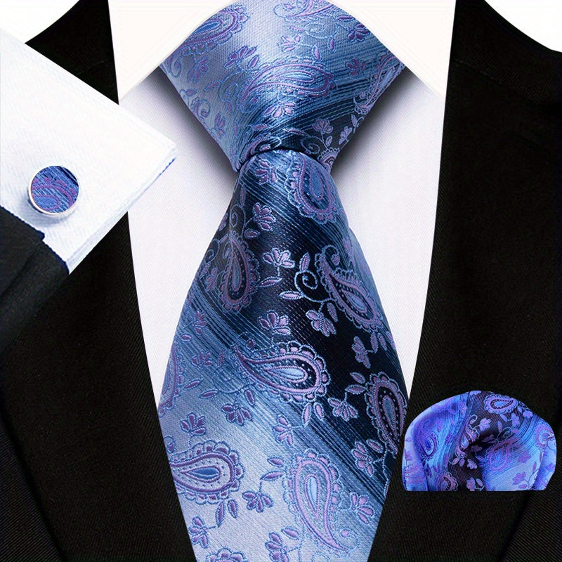 Men's Floral Plaid Necktie and Handkerchief Clip Set for Business and Weddings