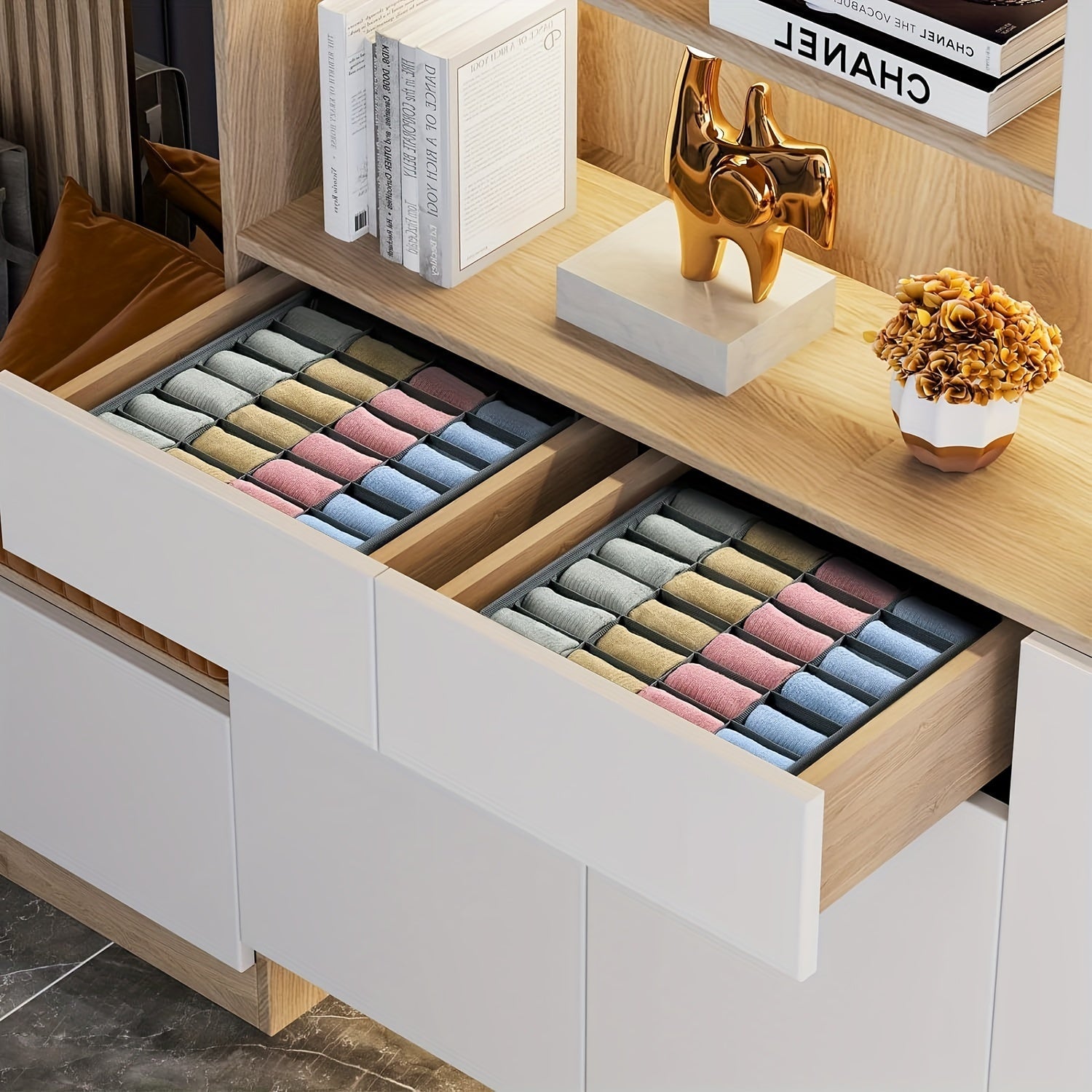 Set of 2 Foldable Fabric Storage Boxes for Socks Ties Underwear Black 24-Grid Organizer