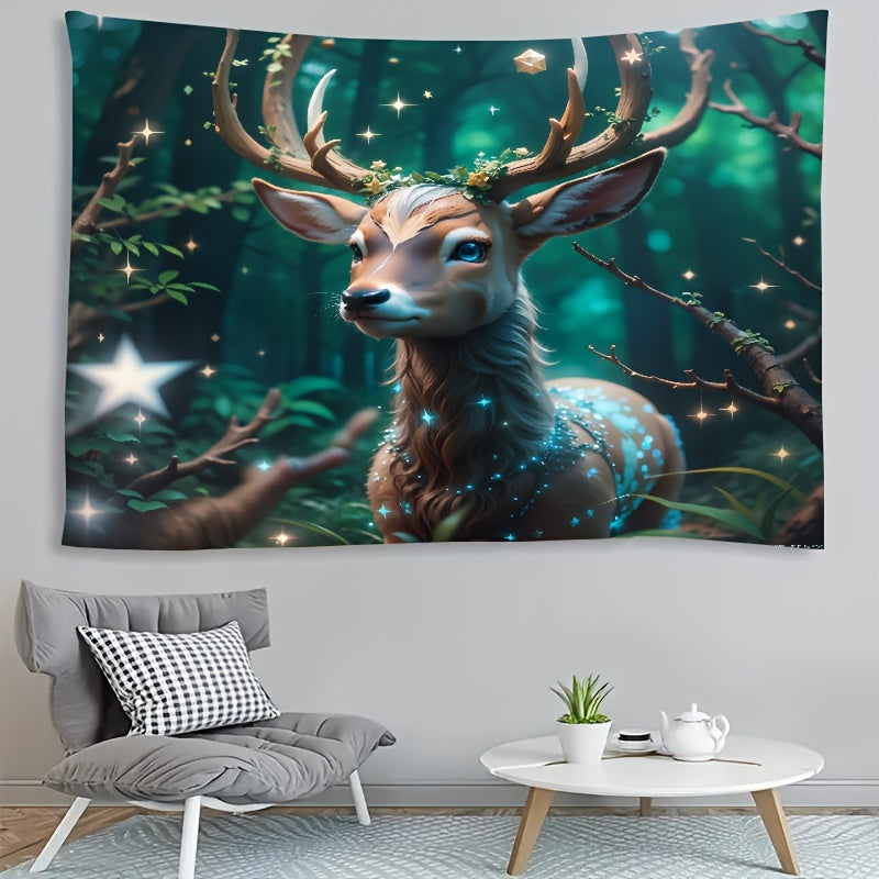 Deer Tapestry Wall Art for Nursery and Playroom Starry Antlers Polyester Decor