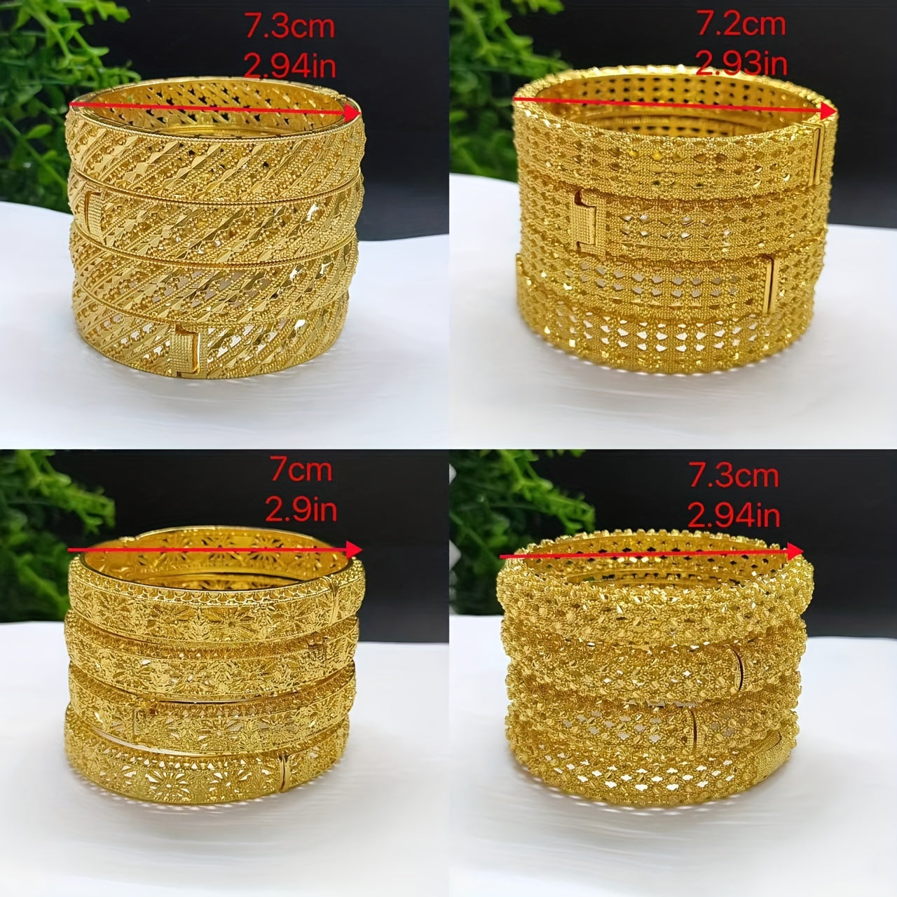 Set of 4 Women's Carved Silver Bangle Bracelets for Wedding and Gift