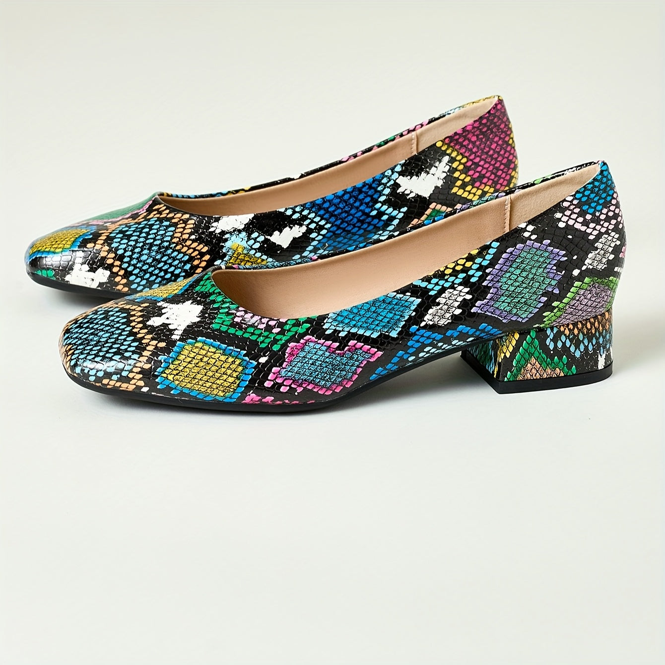 Women's Square Toe Pumps with Mid Heel and Rubber Sole