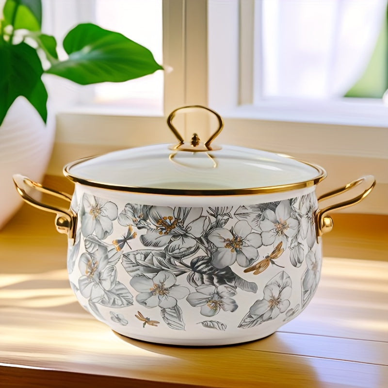 Enamel Soup Pot with Golden Trim, Dragonfly and Floral Design, 3 Quart