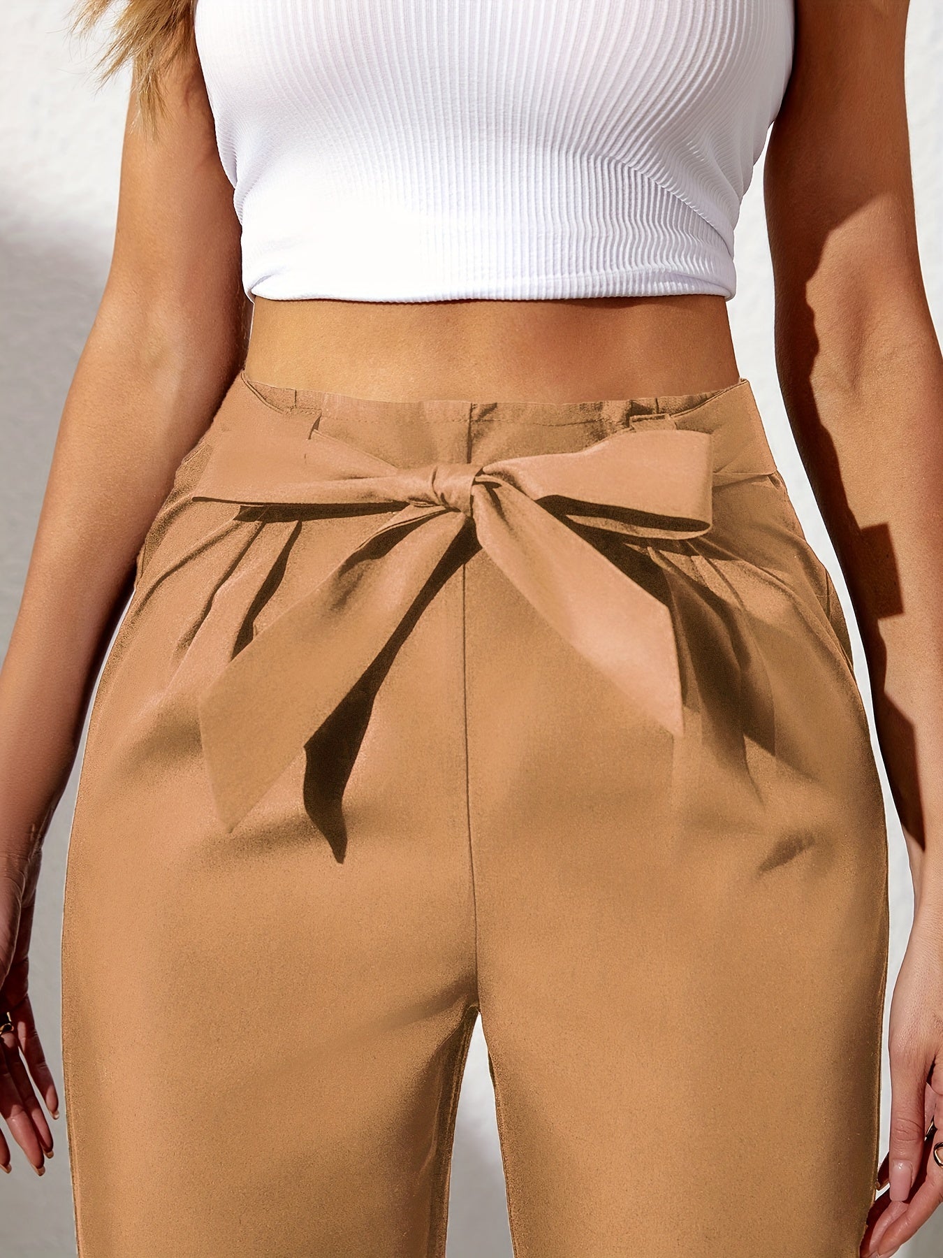 Pantalones anchos de talla grande para mujer con lazo en la parte delantera, color sólido, largo recto, verano, casual, con cintura elástica