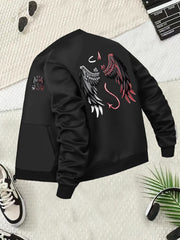 Plus Size Women's Cotton Baseball Collar Jacket Black White Pink Angel Devil Print Long Sleeve Outerwear