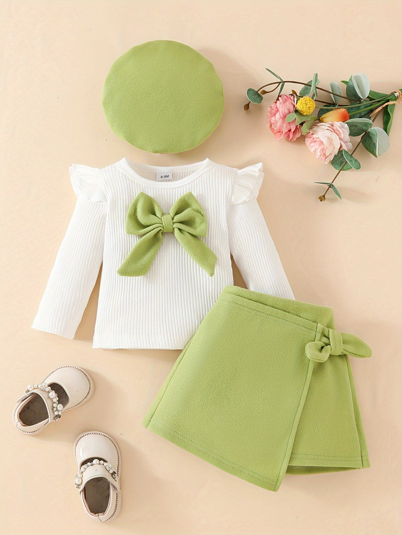 Baby Girls' Winter Fall Knitted Bowknot Top Beret Skirt Set for Toddler Infants