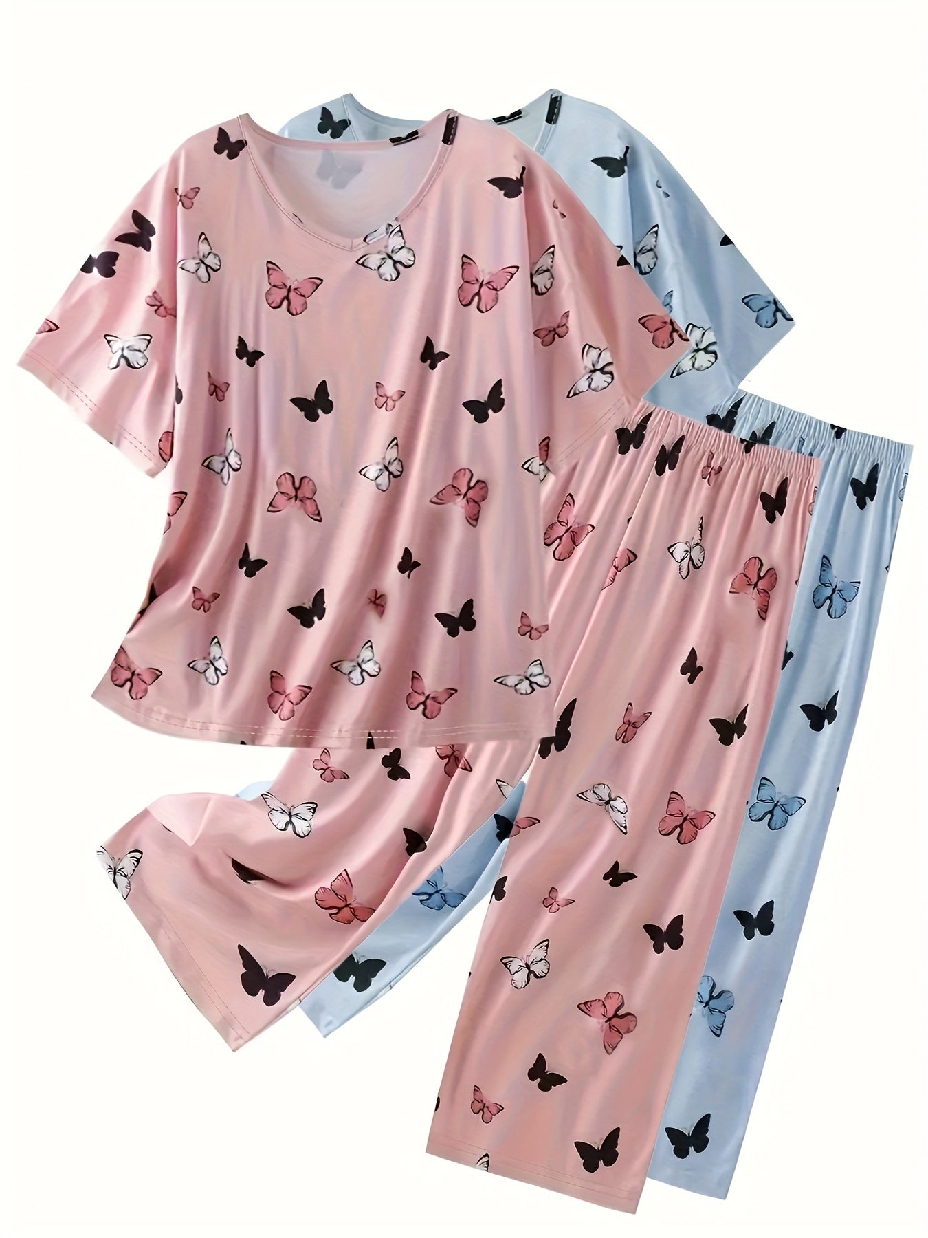 Plus Size Butterfly Print Short Sleeve Pajama Set Two-Piece Combo