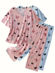 Plus Size Butterfly Print Short Sleeve Pajama Set Two-Piece Combo