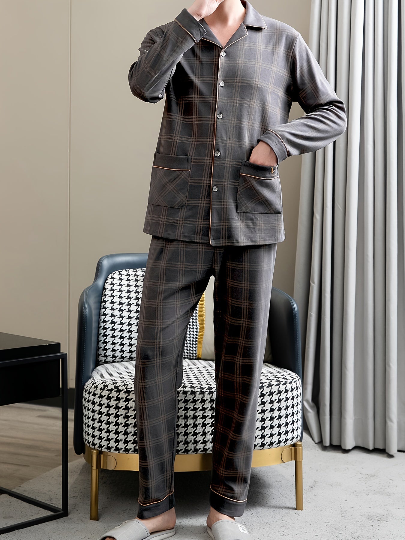 Conjuntos de pijama de algodón para hombre, camisa de manga larga y pantalones, cuadros marrones, ropa de descanso para primavera y otoño