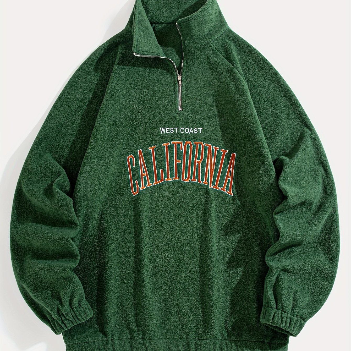 Men's Embroidered Polar Fleece Zip-Up Sweatshirt with Stand Collar and Ribbed Cuffs