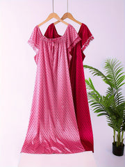 Women's Plus Size Heart Print Lace Sleep Dress Short Sleeve Lounge Wear