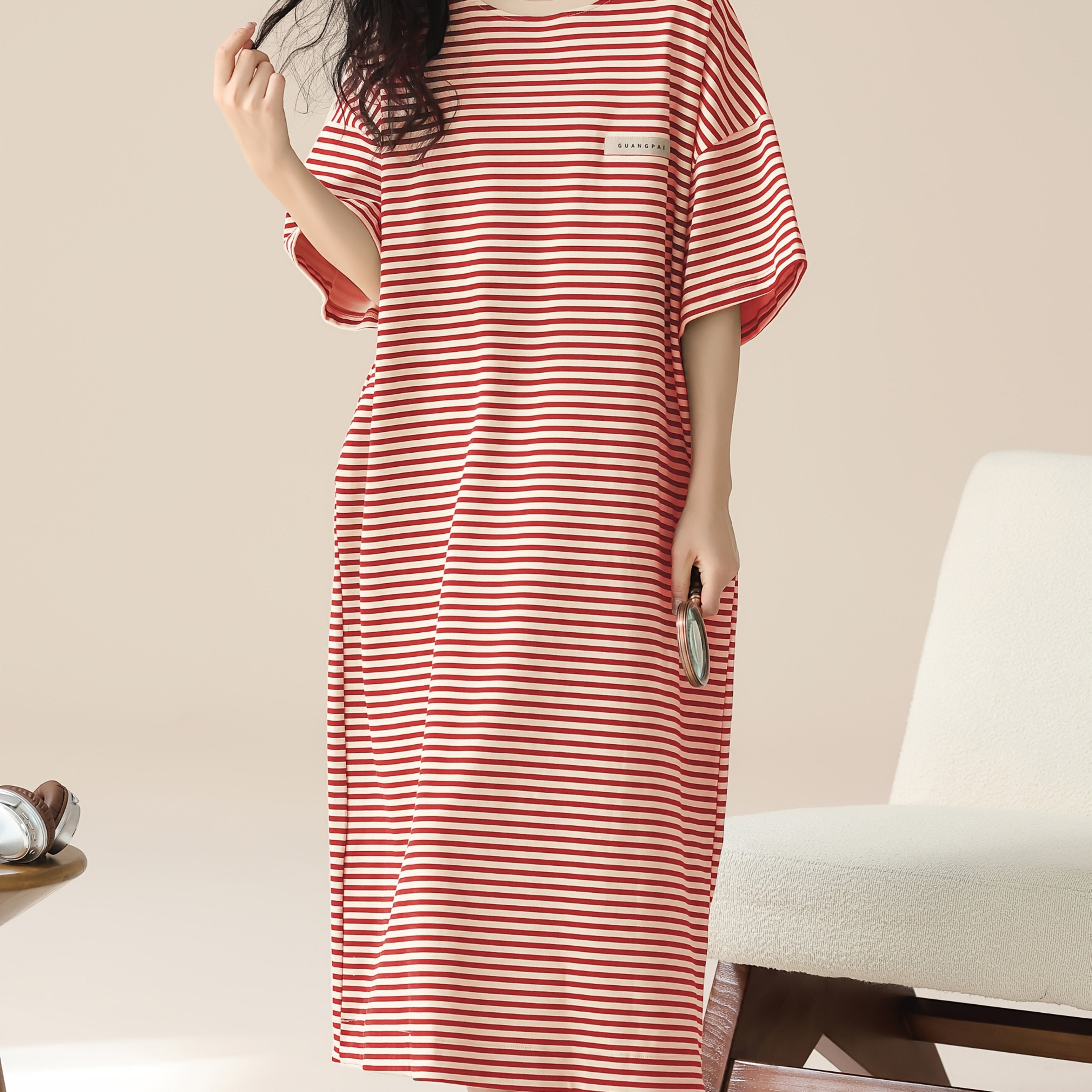 Plus Size Women's Sleep Dress Polyester Striped Long Lounge Wear