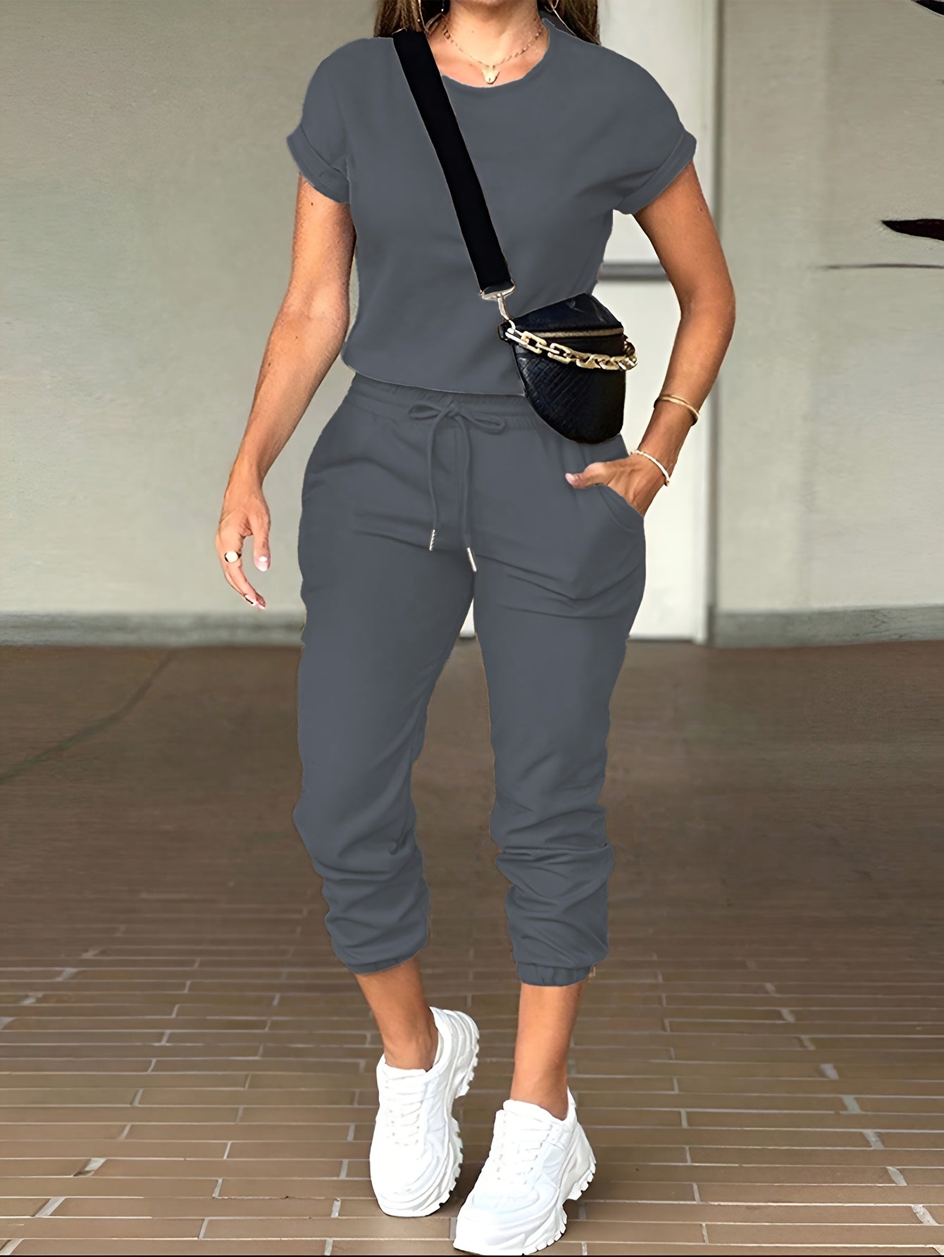 Conjunto de top de manga larga casual de otoño para mujer y pantalones de trabajo de ajuste ajustado y cuello redondo